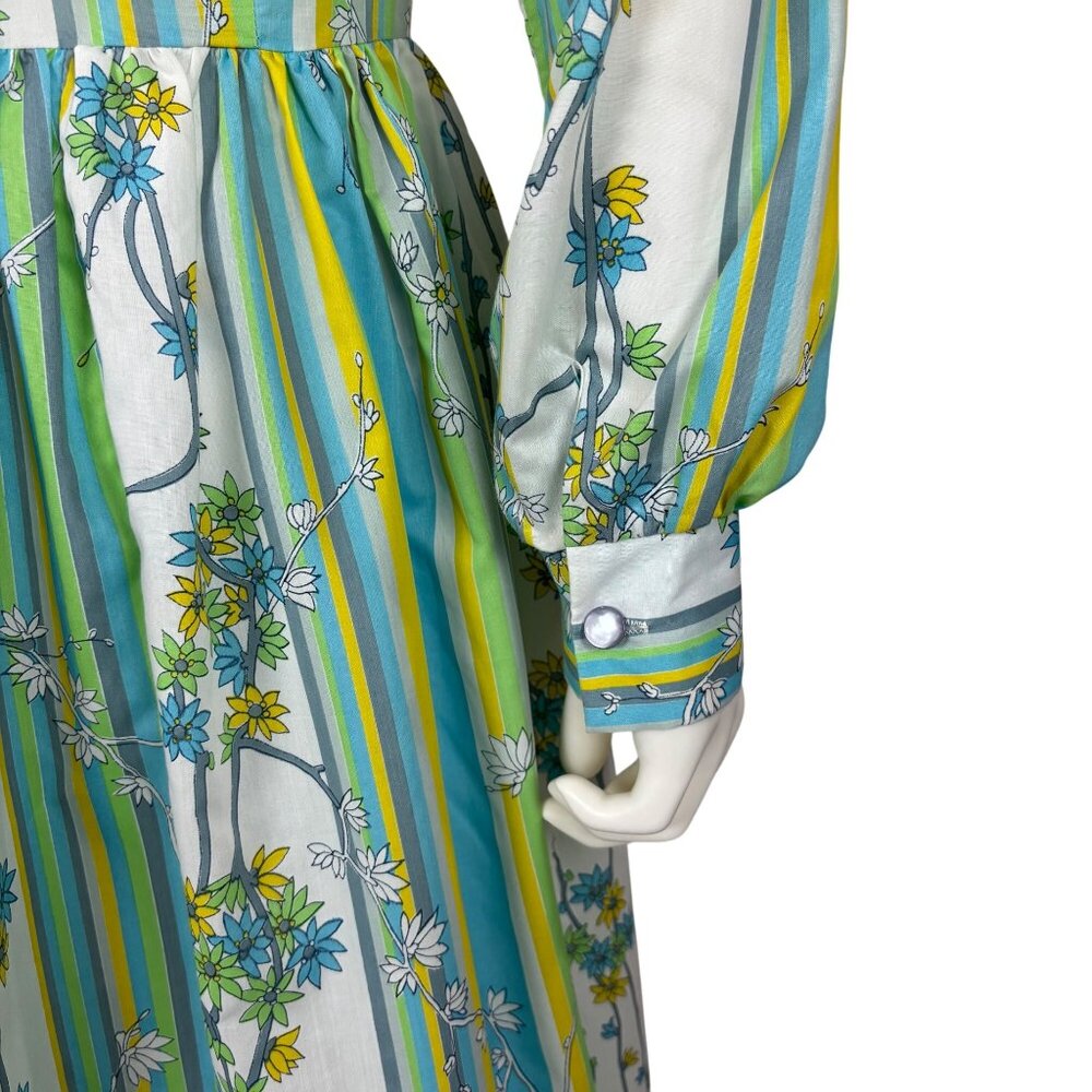 Vintage 60s Striped Dress Womens Large Blue Green Colorful Spring Shirtdress - Picture 11 of 13